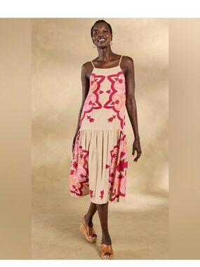 Sundance NWT Rosita Embroidered Linen Beige Midi Dress Pink Floral XL Summer